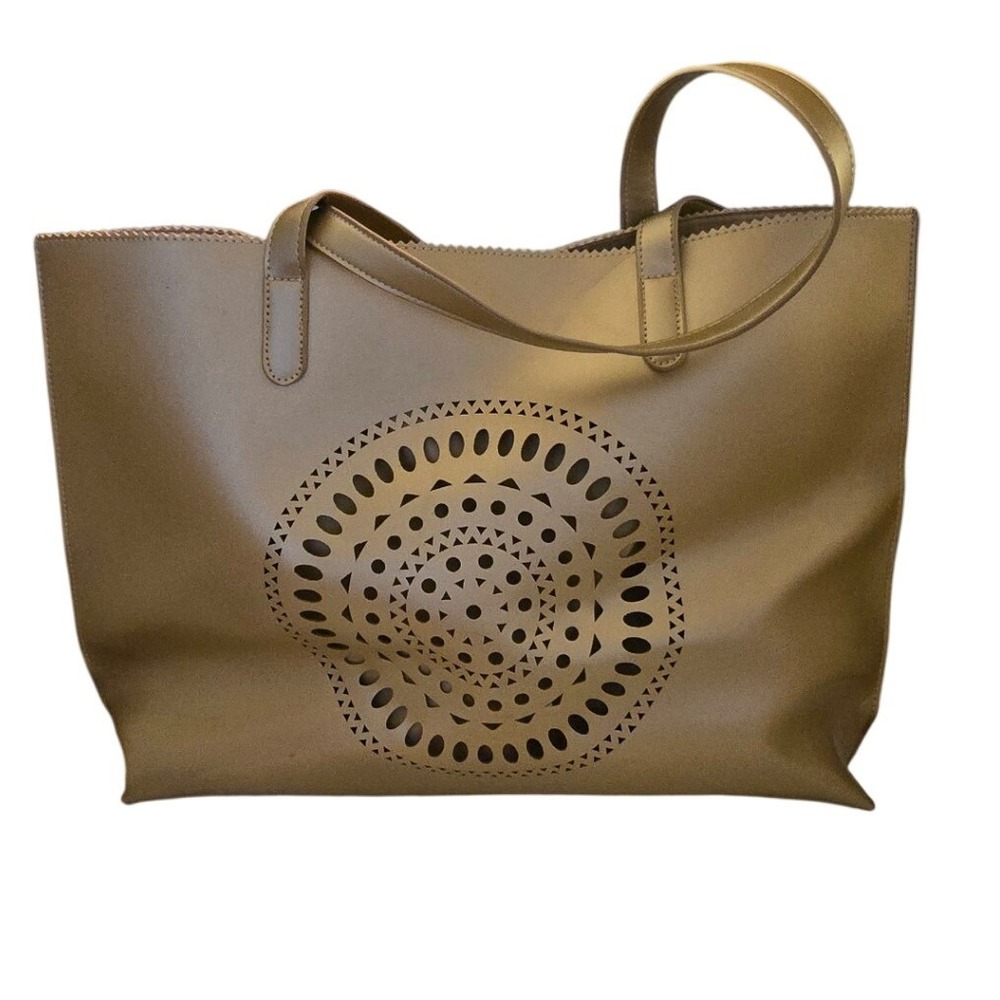 Neiman Marcus Tan Laser Cut Medallion Tote Bag Boho Shoulder Bag Large